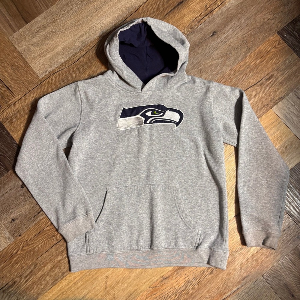 NFL Team Apparel Seattle Seahawks Youth Hoodie Gray Navy Blue XL Pullover